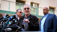 Actor Robert De Niro speaks during a news conference outside the court where former U.S. President Donald Trump during Trump&#39;s criminal trial on charges that he falsified business records to conceal money paid to silence porn star Stormy Daniels in 2016, in Manhattan state court New York City, U.S., May 28, 2024. REUTERS/Brendan McDermid
