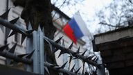 A view of a Russian flag at the Russian Embassy in London. Pic: Reuters