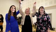 Sinn Fein deputy leader Michelle O'Neill (centre) with elected Sinn Fein candidates Michelle Gildernew (right), Fermanagh/South Tyrone, and Orfhlaith Begley, West Tyrone, after Gildernew was announced as elected at the Leisure Centre, in Omagh, Northern Ireland, as counting continues in the 2019 General Election.
