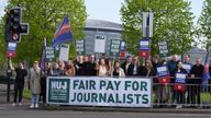 Members of the National Union of Journalists (NUJ) who work at STV take part in a picket outside their studios in Glasgow, after rejecting the company&#39;s latest pay offer. The strike coincides with the STV annual general meeting, and action will disrupt news programming, with the flagship STV News At Six due to be replaced by Sean&#39;s Scotland, and network programme Peston due to be aired in place of Scotland Tonight. Picture date: Wednesday May 1, 2024.
