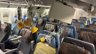 The interior of Singapore Airline flight SQ321 is pictured after an emergency landing at Bangkok&#39;s Suvarnabhumi International Airport.
Pic: Reuters