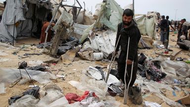 Pic: Reuters A man looks on as Palestinians inspect a tent camp damaged in an Israeli strike during an Israeli military operation, in Rafah, in the southern Gaza Strip, May 28, 2024. REUTERS/Hatem Khaled TPX IMAGES OF THE DAY