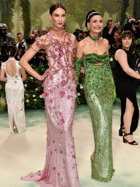 Karlie Kloss, left, and Giovanna Battaglia attend The Metropolitan Museum of Art&#39;s Costume Institute benefit gala celebrating the opening of the "Sleeping Beauties: Reawakening Fashion" exhibition on Monday, May 6, 2024, in New York. (Photo by Evan Agostini/Invision/AP)