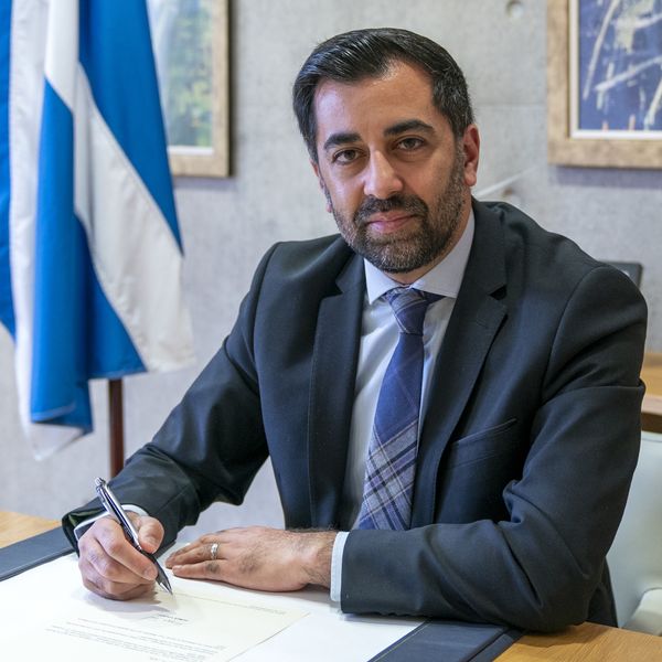 Outgoing First Minister Humza Yousaf signs his official resignation letter to King Charles III at the Scottish Parliament in Edinburgh. Picture date: Tuesday May 7, 2024.