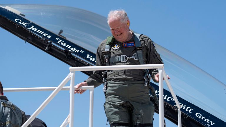 Air Force Secretary Frank Kendall after the flight Photo: AP