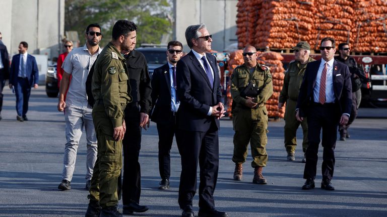US secretary of state Antony Blinken at the Kerem Shalom crossing on 1 May. Pic: Reuters