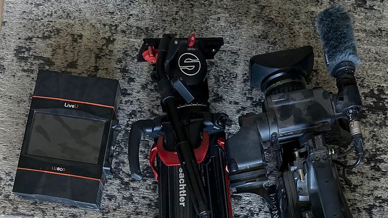AP video equipment is laid on the floor of an apartment block in Sderot, Southern Israel, shortly before it was seized by Israeli officials, Tuesday, May 21, 2024. Israeli officials seized the camera and broadcasting equipment belonging to The Associated Press in southern Israel on Tuesday, accusing the news organization of violating the country's new ban on Al Jazeera. Shortly before the equipment was seized, it was broadcasting a general view of northern Gaza. (AP Photo/Josphat Kasire)