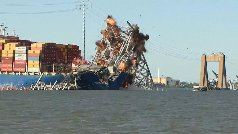 Largest remaining steel span of collapsed Baltimore bridge comes down in controlled demolition
