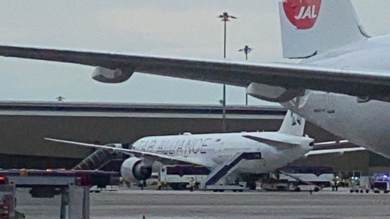 Pic: Pongsak Suksi/Reuters
A Singapore airline aircraft is seen on tarmac after requesting an emergency landing at Bangkok's Suvarnabhumi International Airport, Thailand, May 21, 2024. Pongsak Suksi/Handout via REUTERS    THIS IMAGE HAS BEEN SUPPLIED BY A THIRD PARTY. MANDATORY CREDIT. NO RESALES. NO ARCHIVES  BEST QUALITY AVAILABLE
