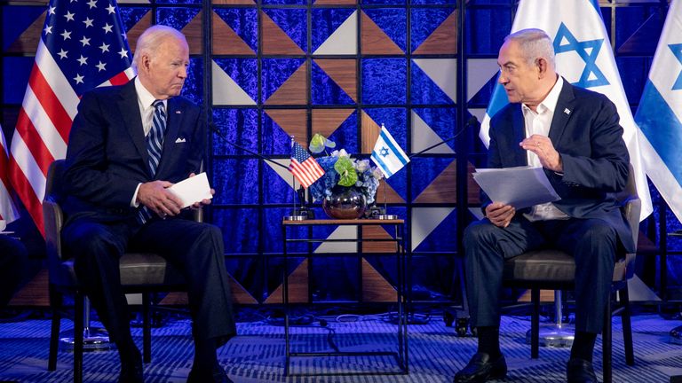 Benjamin Netanyahu and Joe Biden at a meeting in Tel Aviv in October 2023. Pic: Reuters