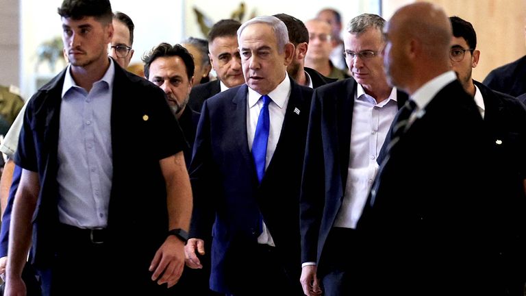 Benjamin Netanyahu arrives to his Likud party faction meeting at the Knesset, Israel's parliament, in Jerusalem.
Pic: Reuters