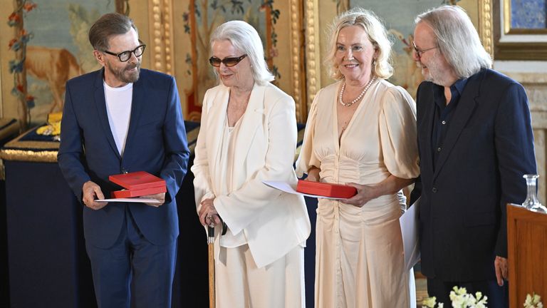 Abba's Bjorn Ulvaeus, Anni-Frid Lyngstad, Agnetha Faltskog and Benny Andersson receive the Royal Vasa Order at a ceremony at Stockholm Royal Palace on Friday May 31. Pic: AP