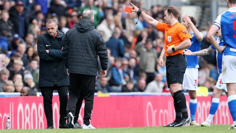 Eustace is shown a red card by referee Anthony Backhouse. Pic: PA