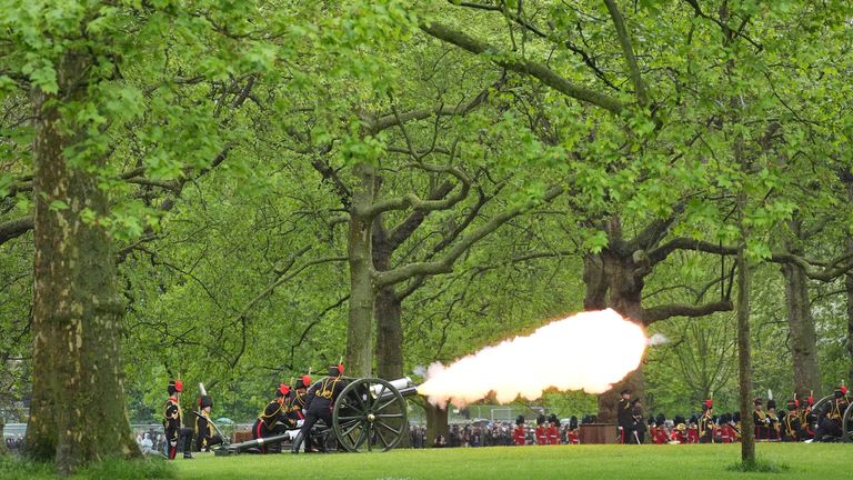  The King&#39;s Troop Royal Horse Artillery fire a 41 Gun Royal Salute in Green Park, London, to mark the first anniversary of the Coronation of King Charles III and Queen Camilla.
Pic:PA