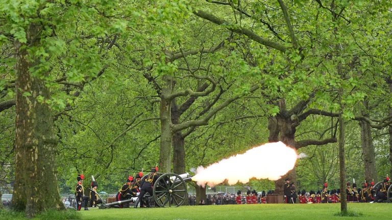  The King&#39;s Troop Royal Horse Artillery fire a 41 Gun Royal Salute in Green Park, London, to mark the first anniversary of the Coronation of King Charles III and Queen Camilla.
Pic:PA