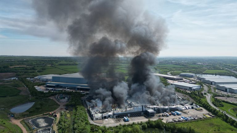 Pic: PA
A view taken from a drone of the fire at Super Smart Services near the A460 Orbital Island in Cannock, Staffordshire. Picture date: Thursday May 9, 2024.