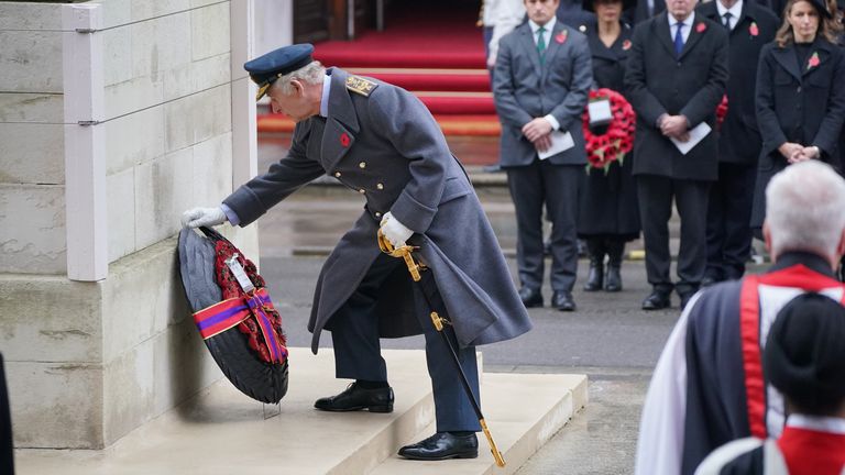 King Charles III lays a wreath during the Remembrance Sunday service at the Cenotaph, in Whitehall, London. Picture date: Sunday November 12, 2023. Pic: PA Wire