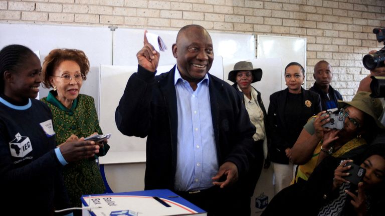 FILE PHOTO: South African president Cyril Ramaphosa casts his vote during the South African elections in Soweto, South Africa May 29, 2024 REUTERS/Oupa Nkosi/File Photo