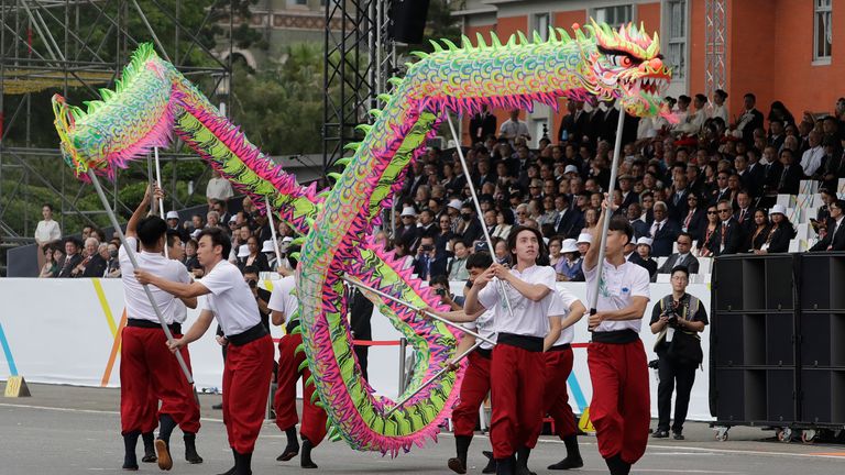 Dancers perform the dragon dance during the inauguration ceremony of Taiwanese President Lai Ching-te in Taipei.  AP Image