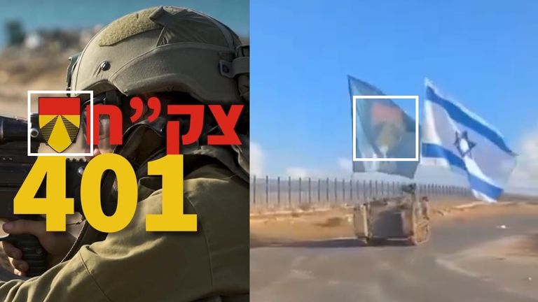 The logo of the IDF&#39;s 401st brigade was visible on a vehicle advancing towards Rafah on Tuesday, 7 May, 2024.