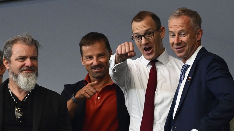 Daniel Kretinsky, 2nd from right, Czech co-owner of West Ham United and owner of AC Sparta Praha, and Member of the Board of West Ham United Jiri Svarc, right, are seen prior to the European Conference League final match: ACF Fiorentina vs West Ham United FC, on June 7, 2023, in Prague, Czech Republic. Photo/Ondrej Deml Photo/Ondrej Deml (CTK via AP Images)
