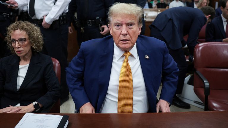 Pic: Reuters
Former U.S. President Donald Trump and attorney Susan Necheles attend his trial for allegedly covering up hush money payments at Manhattan Criminal Court on May 7, 2024 in New York City. Trump has been charged with 34 counts of falsifying business records, which prosecutors say was an effort to hide a potential sex scandal, both before and after the 2016 presidential election. Trump is the first former U.S. president to face trial on criminal charges. Win McNamee/Pool via REUTERS