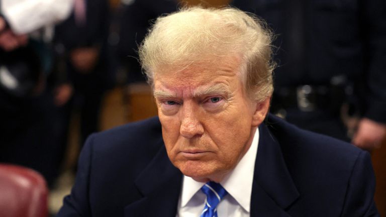 Pic: Reuters
NEW YORK, NEW YORK - MAY 13: Former U.S. President Donald Trump attends his trial for allegedly covering up hush money payments at Manhattan Criminal Court on May 13, 2024 in New York City. Trump was charged with 34 counts of falsifying business records last year, which prosecutors say was an effort to hide a potential sex scandal, both before and after the 2016 presidential election. Trump is the first former U.S. president to face trial on criminal charges. Spencer Platt/Pool via 