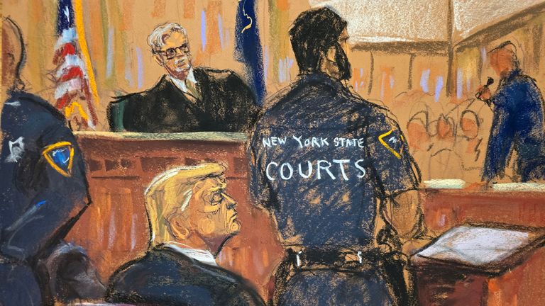 Donald Trump reacts as the verdict is read out in this courtroom sketch. Pic: Reuters/Jane Rosenberg

Pic: Reuters