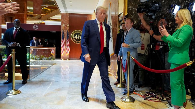 Former President Donald Trump arrives to speak at a news conference at Trump Tower, Friday, May 31, 2024, in New York. Pic: AP Photo