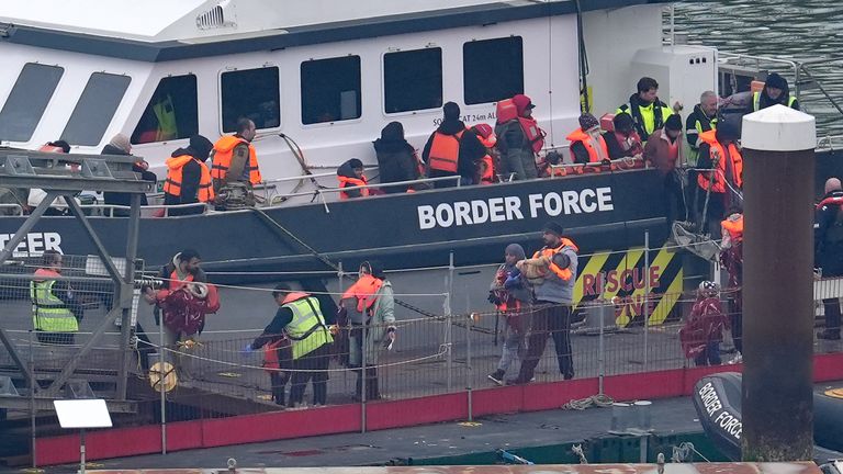 A group of people thought to be migrants including young children are brought in to Dover, Kent.
Pic PA