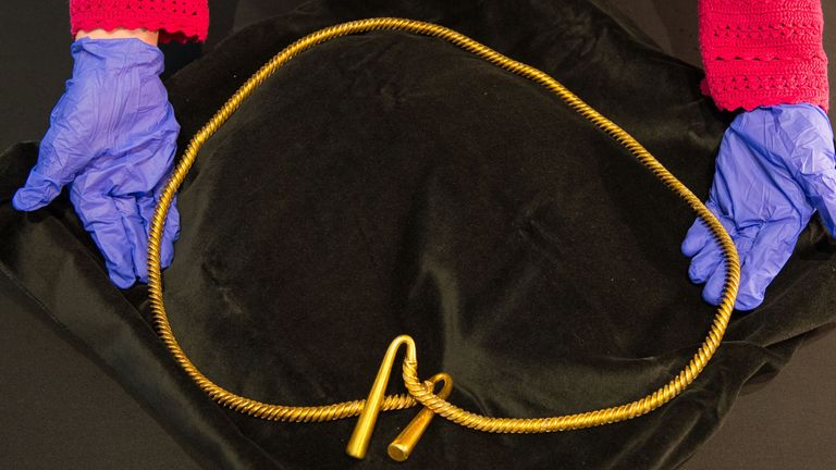 A Bronze Age gold torc dating from around 1300-1100 BC, discovered in Cambridgeshire. Pic: PA