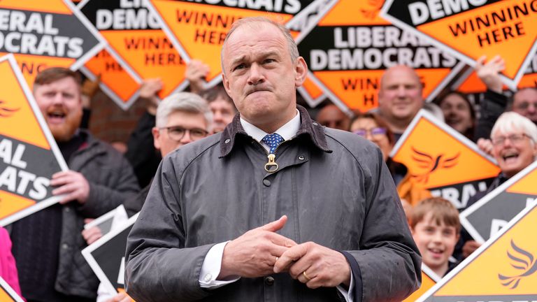 Liberal Democrat leader Sir Ed Davey speaks to the media at the London Recreation Ground in Camberley, Surrey, after a General Election was called for July 4. Picture date: Wednesday May 22, 2024.

