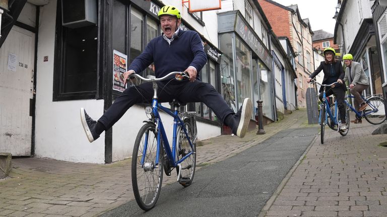 Pic: PA
Liberal Democrat Leader Sir Ed Davey, Welsh Liberal Democrat Leader Jane Dodds and local Liberal Democrat candidate David Chadwick (right) riding bokes during a visit to Knighton, Wales, while on the General Election campaign trail. Picture date: Wednesday May 29, 2024.
