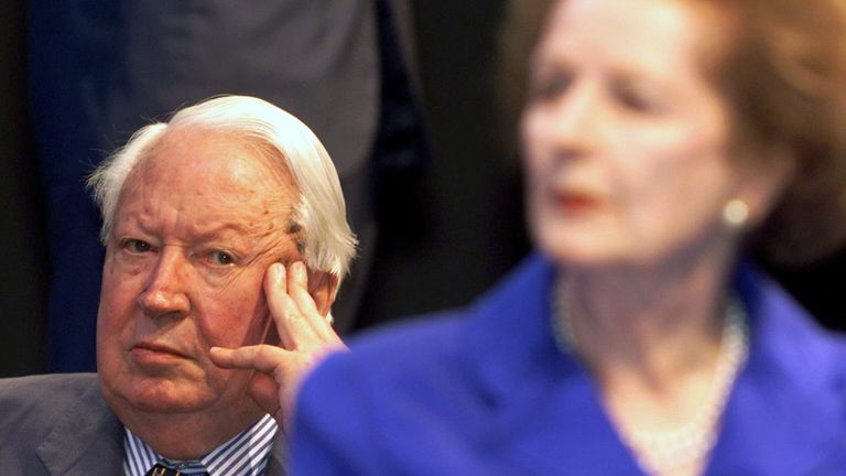 Edward Heath, behind Margaret Thatcher, at a Conservative Party conference in 1998. Pic: Reuters