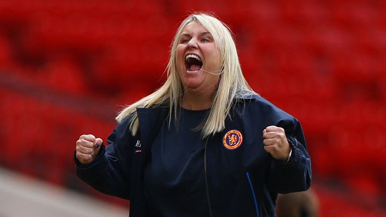 Emma Hayes celebrates as Chelsea&#39;s second goal. Pic: Reuters