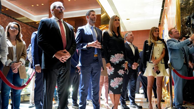Eric Trump and Lara Trump watch as former President Donald Trump speaks during a news conference at Trump Tower, Friday, May 31, 2024, in New York. Pic: AP