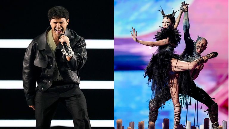 Former Swedish Eurovision contestant Eric Saade (left) and Ireland's 2024 contestant Bambie Thug on stage at the first semi-final in Malmo, Sweden. Pics: AP/Martin Meissner
