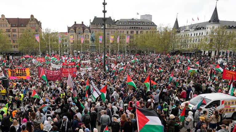 Een pro-Palestijnse demonstratie vóór de tweede halve finale van het Eurovisie Songfestival in Malmö