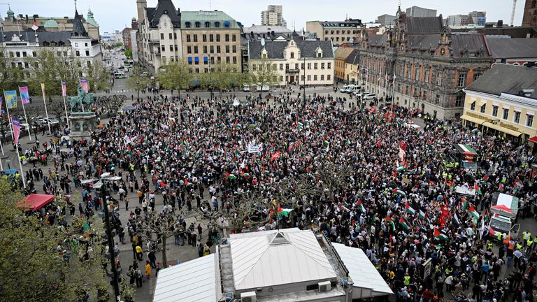 Protesters gather during the Stop Israel demonstration against Israel's participation in the 68th edition of the Eurovision Song Contest (ESC) in Malmo, Sweden, May 9, 2024. TT News Agency/Johan Nilsson via REUTERS ATTENTION EDITORS - THIS IMAGE WAS PROVIDED BY A THIRD PARTY. SWEDEN OUT. NO COMMERCIAL OR EDITORIAL SALES IN SWEDEN.