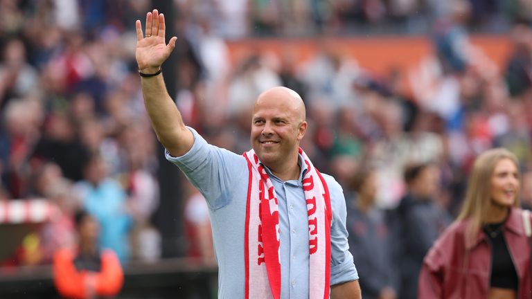 Feyenoord manager Arne Slot waves to the fans following the Dutch Eredivisie match at Stadium De Kuip, Feyenoord. Picture date: Sunday May 19, 2024.

