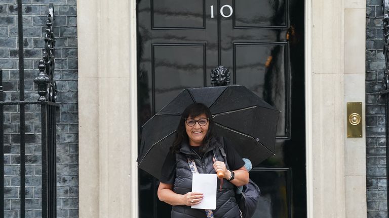 Figen Murray, mother of Manchester Arena bombing victim Martyn Hett, arrives in Downing Street.
Pic: PA