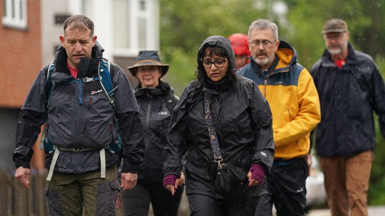Pic: PA
Figen Murray (front right), the mother of victim Martyn Hett, in Hinckley, Leicestershire, as she continues her campaign march to Downing Street to demand the introduction of Martyn&#39;s Law for stronger protections against terrorism in public places. Picture date: Tuesday May 14, 2024.