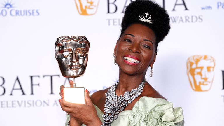 Baroness Floella Benjamin in the press room after receiving the BAFTA Fellowship at the BAFTA TV Awards 2024, at the Royal Festival Hall, London.  Photo date: Sunday, May 12, 2024. PA photo.  See the PA SHOWBIZ Bafta story.  Photo credit should be: Ian West/PA Wire