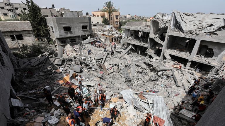 Pic: Reuters
Palestinians inspect the site of an Israeli strike on a house, in Nuseirat, in the central Gaza Strip, May 19, 2024. REUTERS/Ramadan Abed TPX IMAGES OF THE DAY