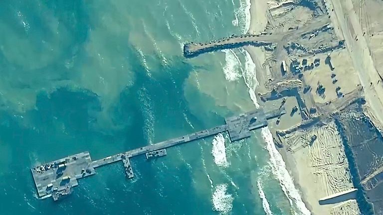 The floating pier is now in place on the coast of Gaza Strip. Pic: US Central Command via AP