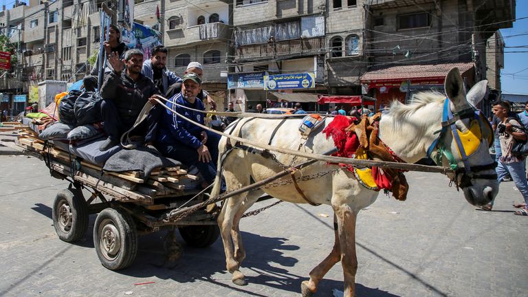Palestinians flee Rafah on a donkey-drawn cart. Pic: Reuters
