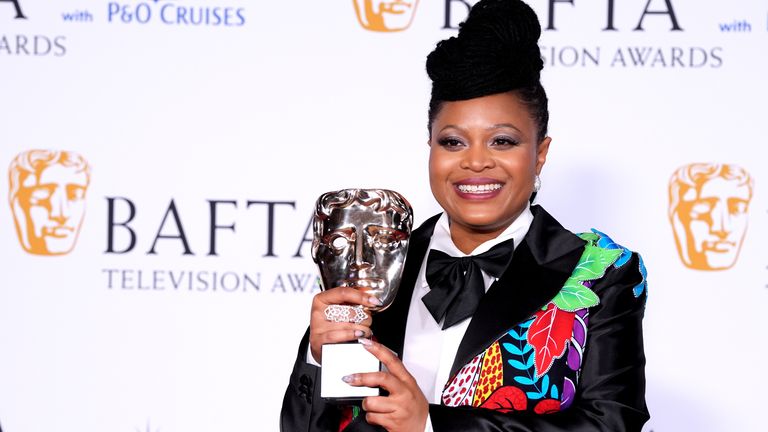 Gbemisola Ikumelo in the press room after winning the award for Female Performance in a Comedy for Black Ops at the BAFTA TV Awards 2024, at the Royal Festival Hall, London.  Photo date: Sunday, May 12, 2024. PA photo.  See the PA SHOWBIZ Bafta story.  Photo credit should be: Ian West/PA Wire