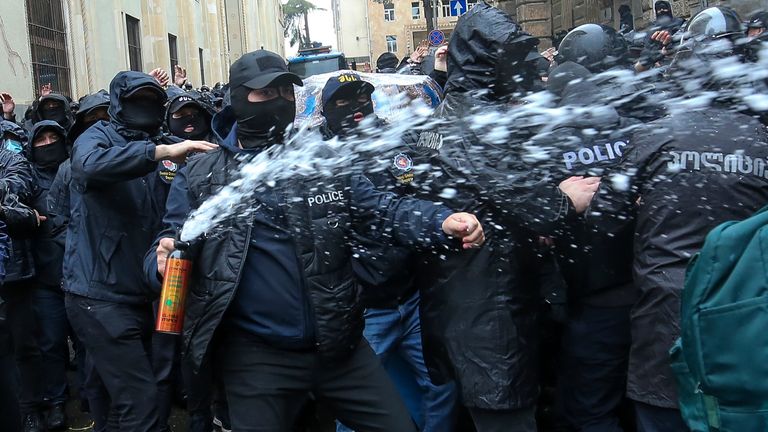 Pic: AP
Police use a spray to block demonstrators near the Parliament building during an opposition protest against "the Russian law" in the center of Tbilisi, Georgia, on Monday, May 13, 2024. Daily protests are continuing against a proposed bill that critics say would stifle media freedom and obstruct the country&#39;s bid to join the European Union. (AP Photo/Zurab Tsertsvadze)