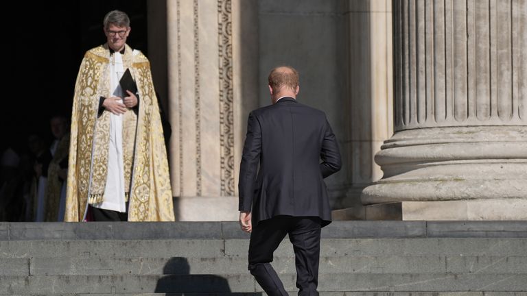 The Duke of Sussex arrives at St Paul's Cathedral to attend the service. Pic: PA