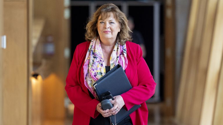 Cabinet Secretary for Transport, Infrastructure and Connectivity Fiona Hyslop arrives for First Minister's Questions at the Scottish Parliament in Holyrood, Edinburgh. Picture date: Thursday May 16, 2024.